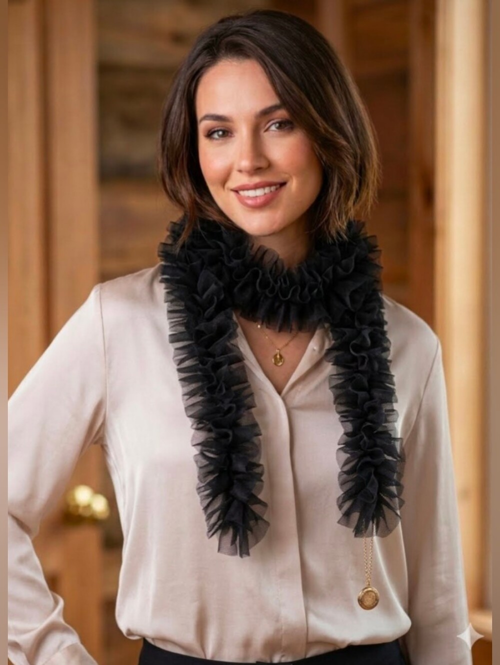 Nifty Knitted Niceties Handmade by Prancing Queen Black Skinny Ruffle Scarf
